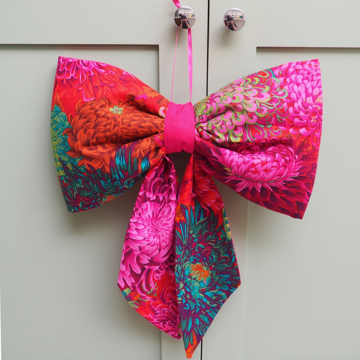 Handmade large padded decorative hanging bow -pink/red floral