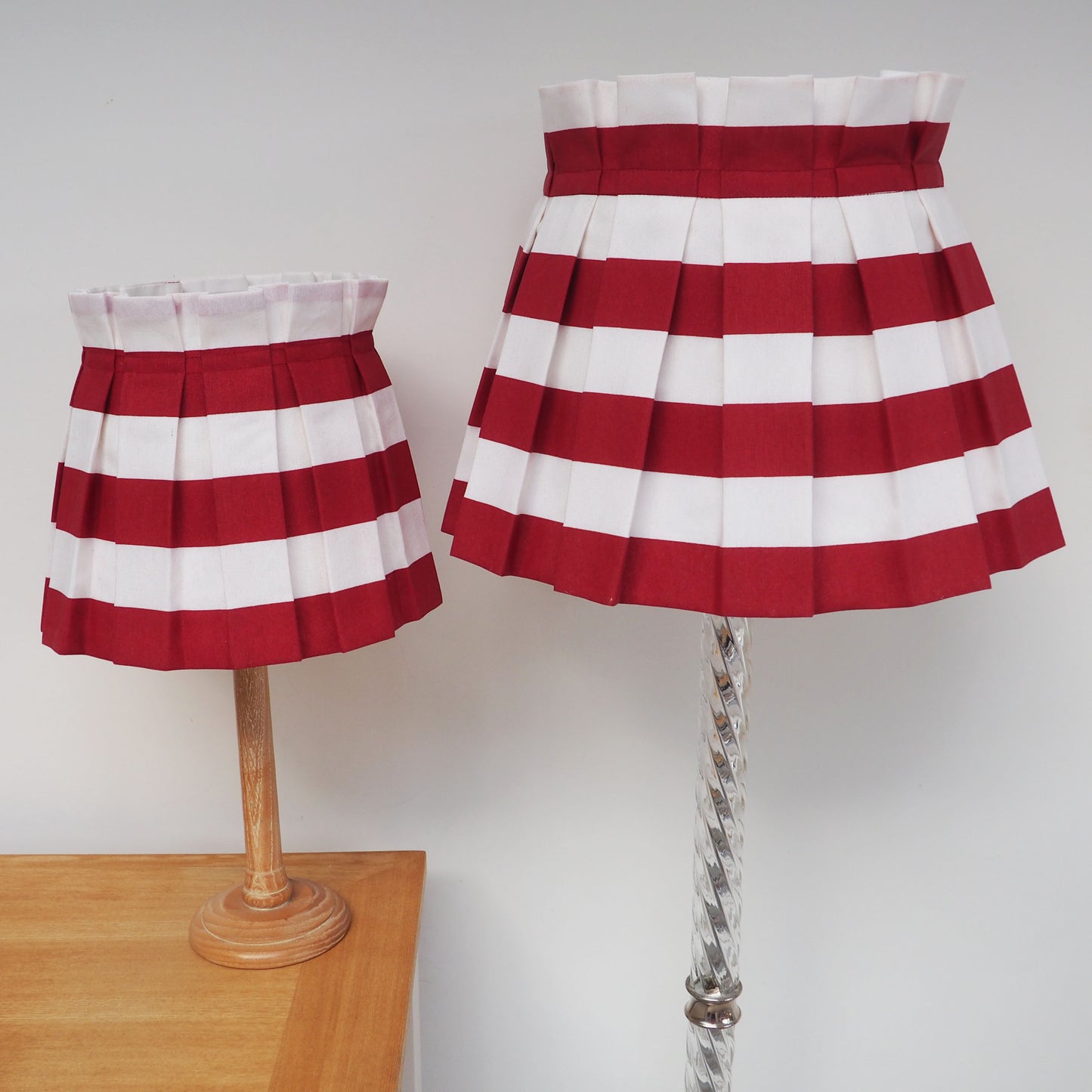 LARGE box pleat dark red and white stripe fabric lampshade