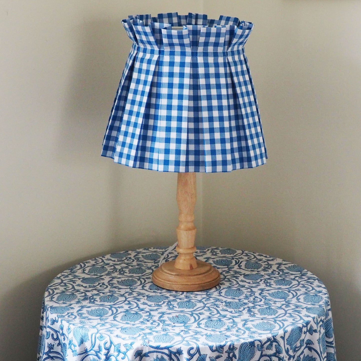 MEDIUM box pleat blue gingham fabric lampshade