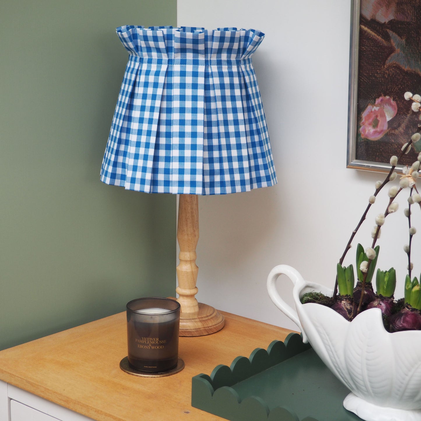 MEDIUM box pleat blue gingham fabric lampshade