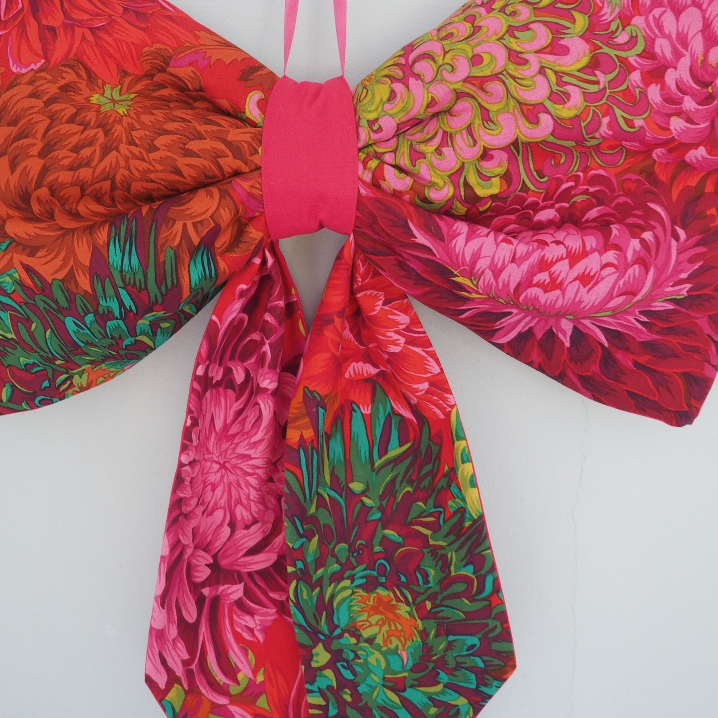 Handmade large padded decorative hanging bow -pink/red floral