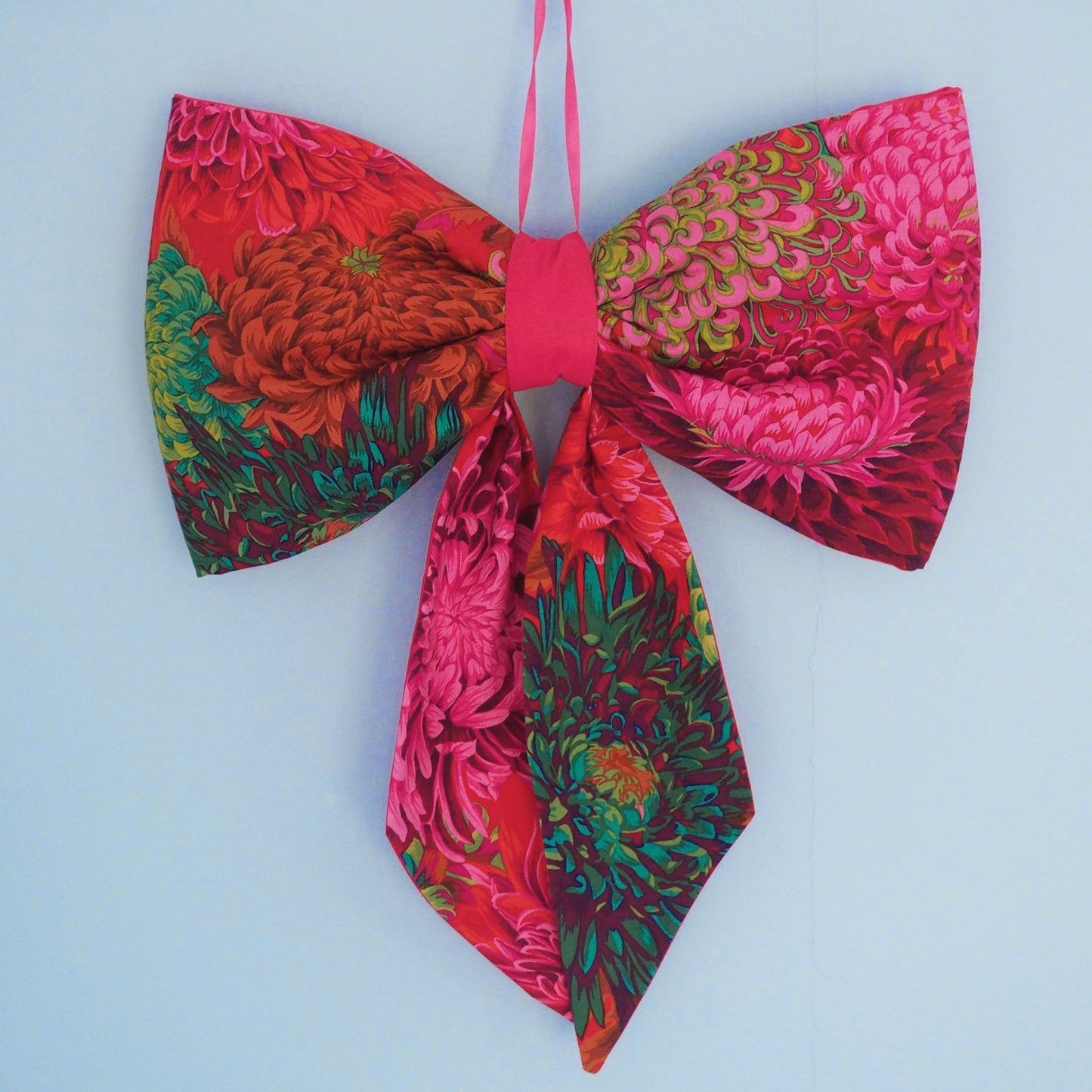 Handmade large padded decorative hanging bow -pink/red floral