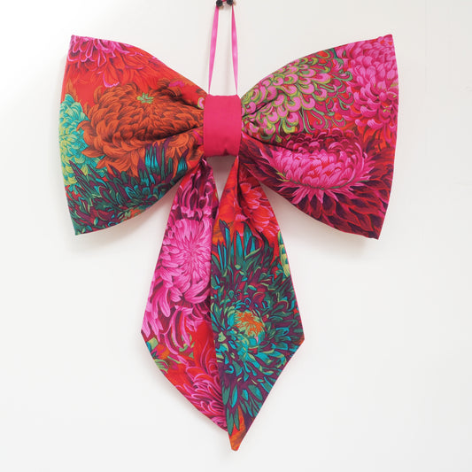Handmade large padded decorative hanging bow -pink/red floral