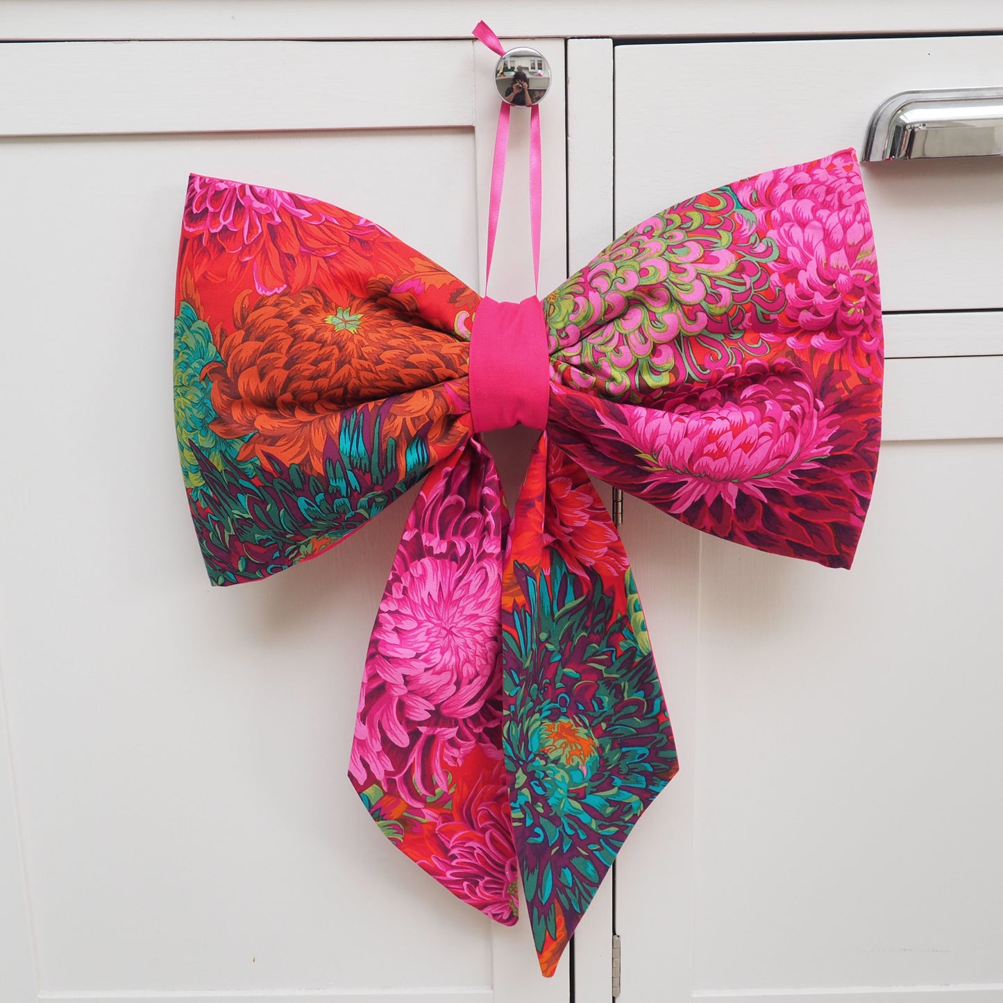 Handmade large padded decorative hanging bow -pink/red floral