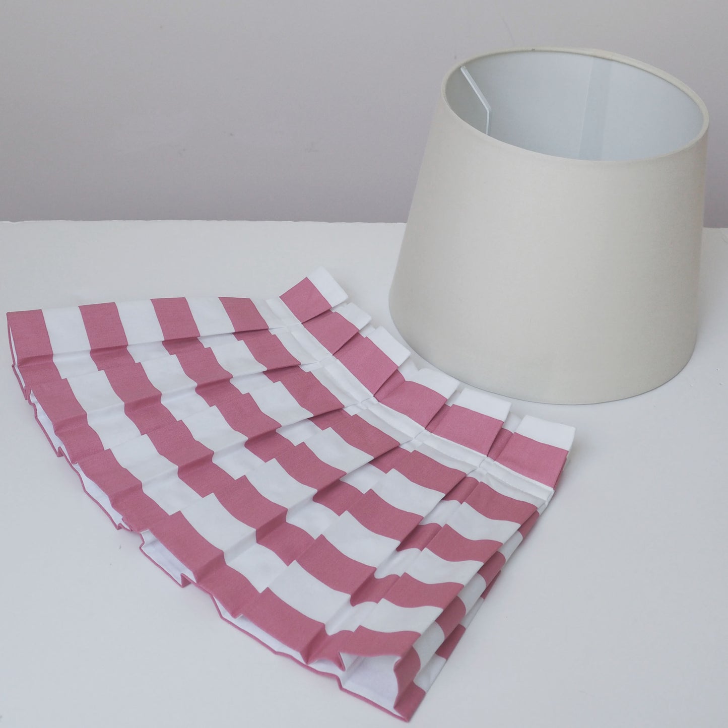 LARGE box pleat rose pink and white stripe fabric lampshade