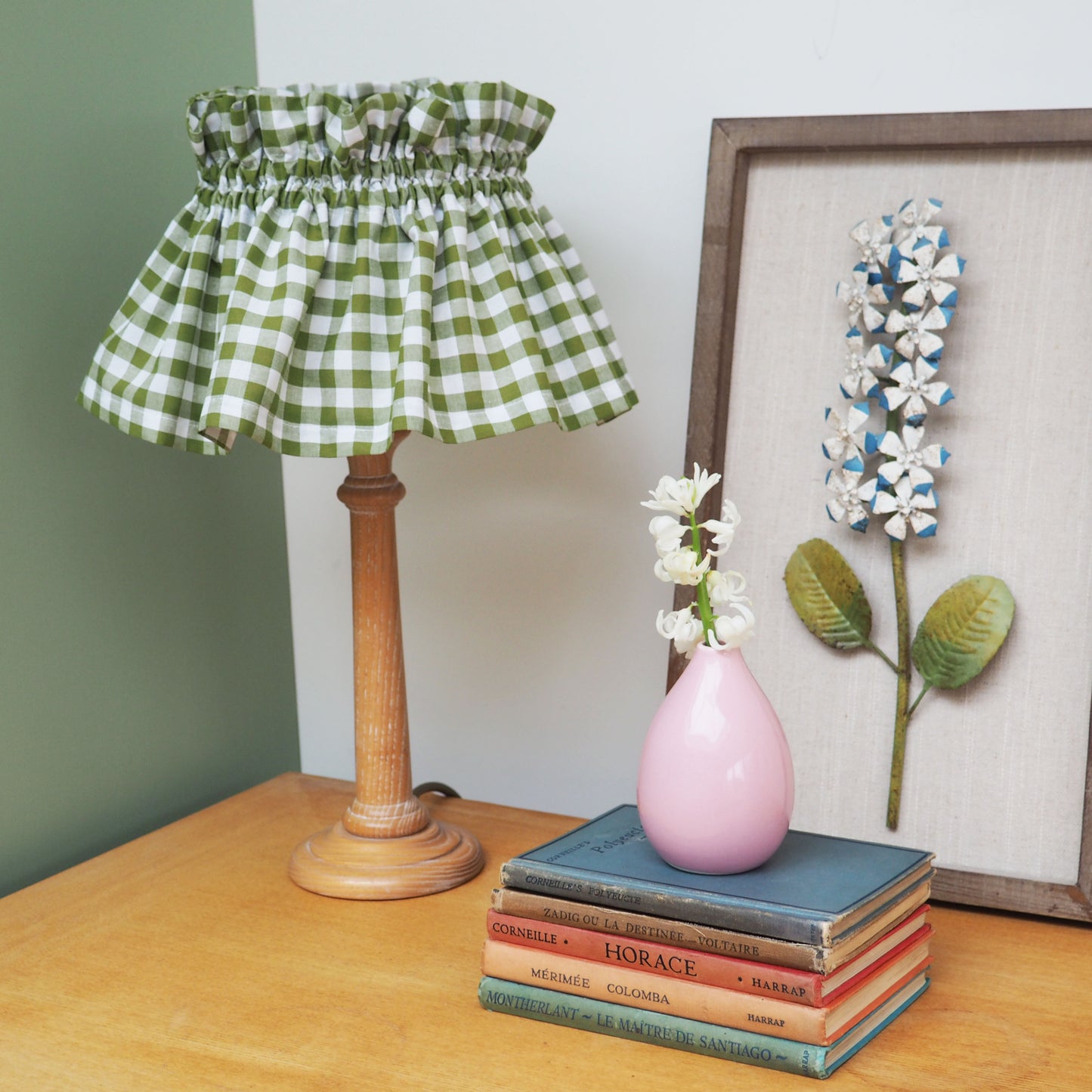 SMALL green and white gingham scrunchie loose lampshade cover