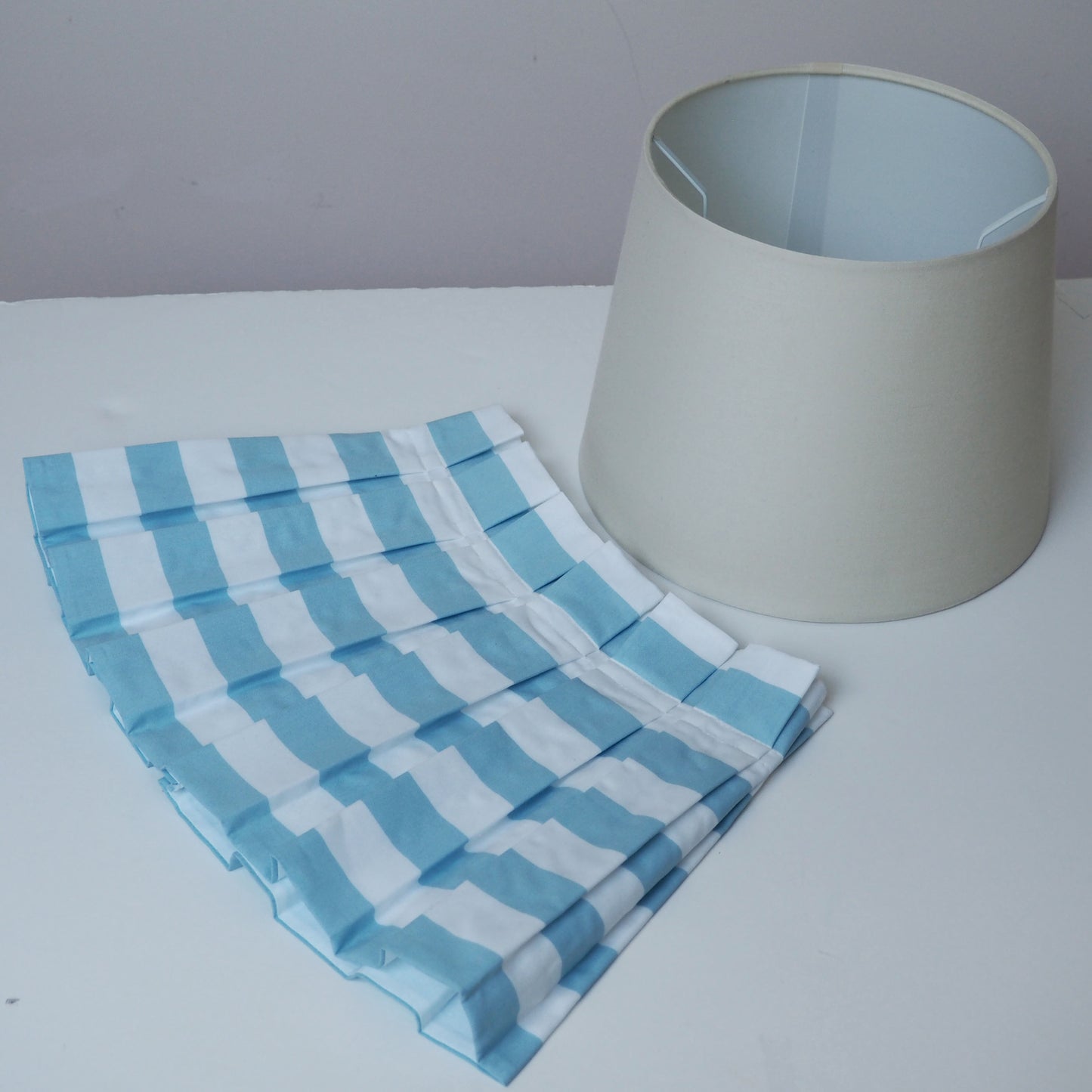 LARGE box pleat sky blue and white stripe fabric lampshade