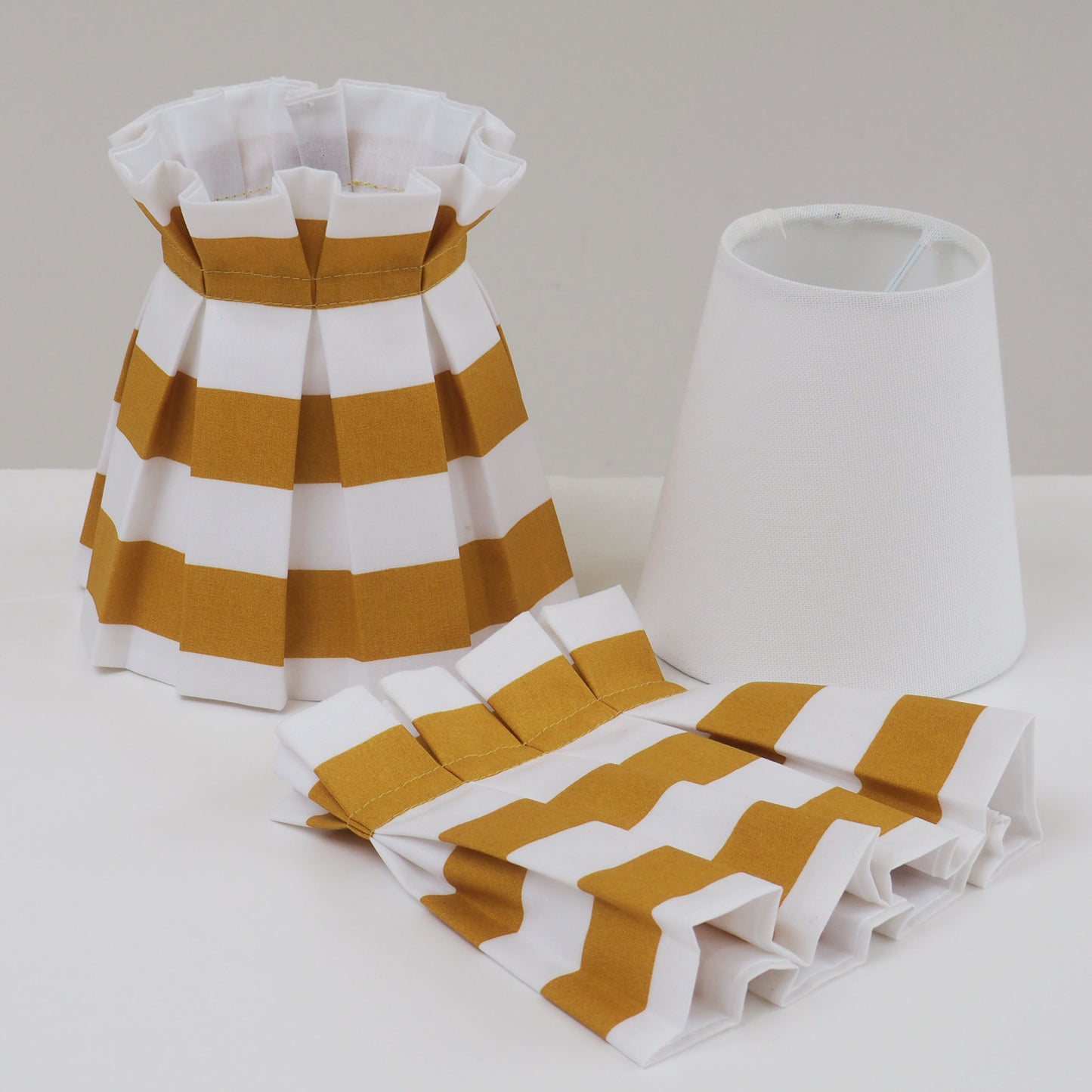 Candle clip box pleat mustard yellow and white stripe fabric loose lampshade