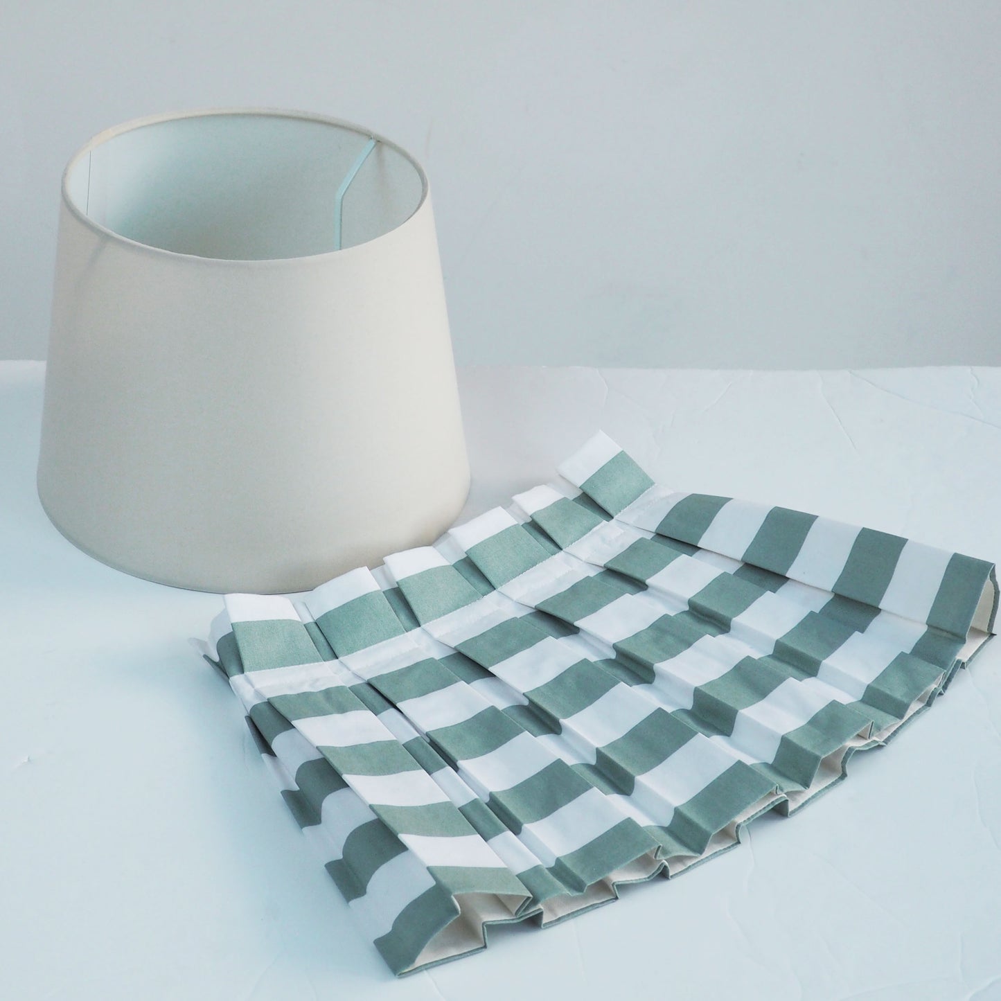 MEDIUM box pleat sage green and white stripe fabric lampshade